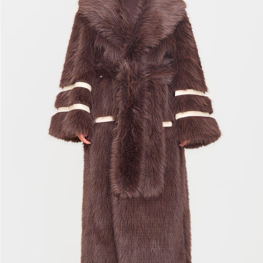 Brown Faux Fur Coat with Cream Accents